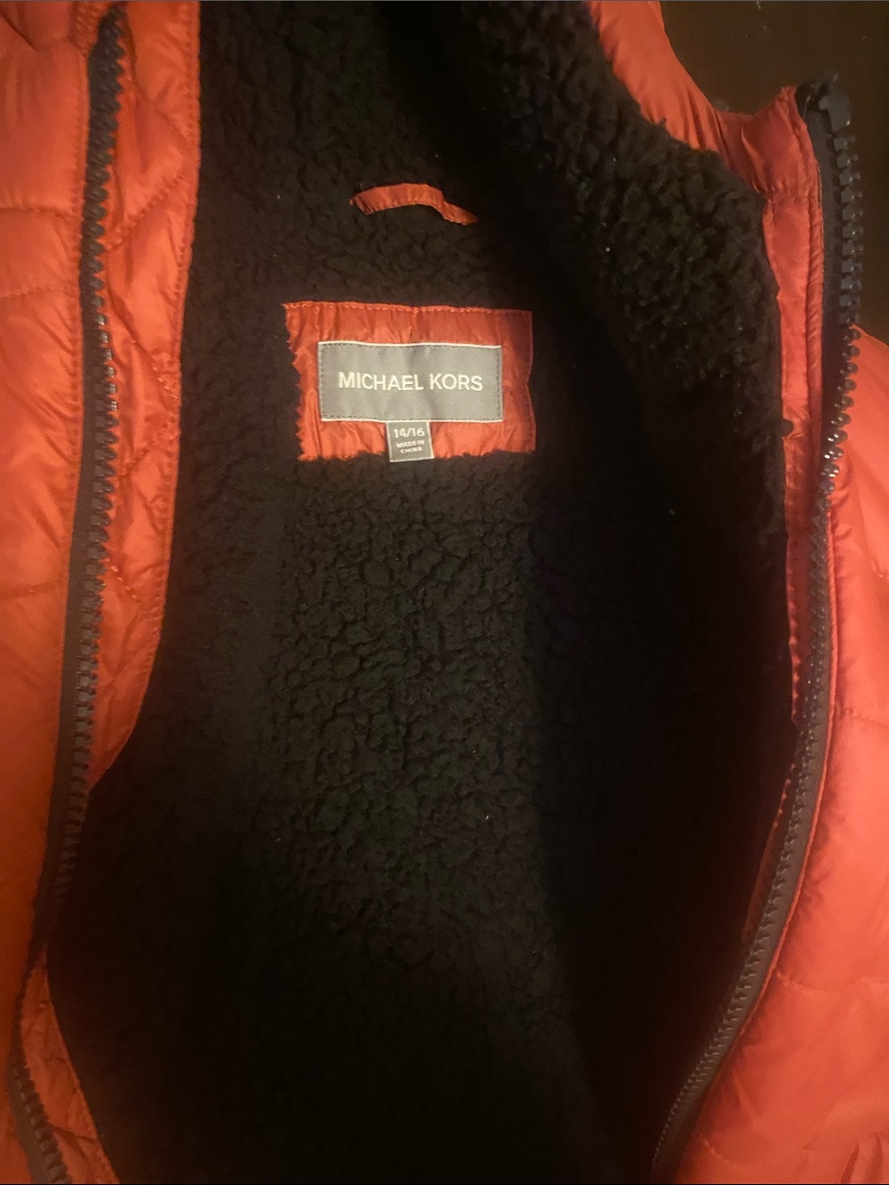 Michael Kors Orange Quilted Vest with Black Sherpa Interior